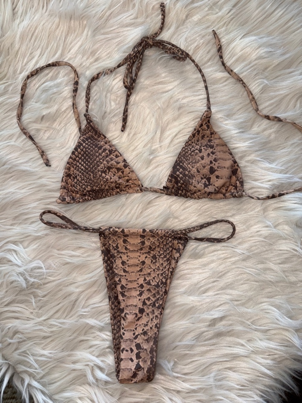 MATTE COLLECTION Snakeskin Print Triangle Bikini Brown Size XS Sexy Classic Edgy